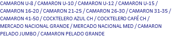CAMARON U-8 / CAMARON U-10 / CAMARON U-12 / CAMARON U-15 / CAMARON 16-20 / CAMARON 21-25 / CAMARON 26-30 / CAMARON 31-35 / CAMARON 41-50 / COCKTELERO AZUL CH / COCKTELERO CAFÉ CH / MERCADO NACIONAL GRANDE / MERCADO NACIONAL MED / CAMARON PELADO JUMBO / CAMARON PELADO GRANDE