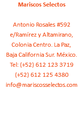 Mariscos Selectos Antonio Rosales #592 e/Ramírez y Altamirano, Colonia Centro. La Paz, Baja California Sur. México.
Tel: (+52) 612 123 3719
(+52) 612 125 4380
info@mariscosselectos.com 